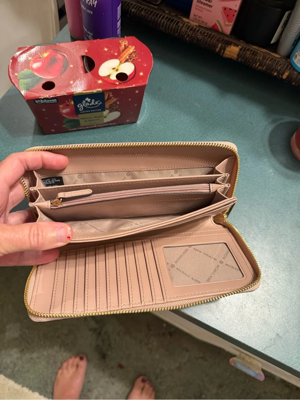 Michael Kors Pink Signature Zip-Around Wristlet Wallet with Cream Stripe